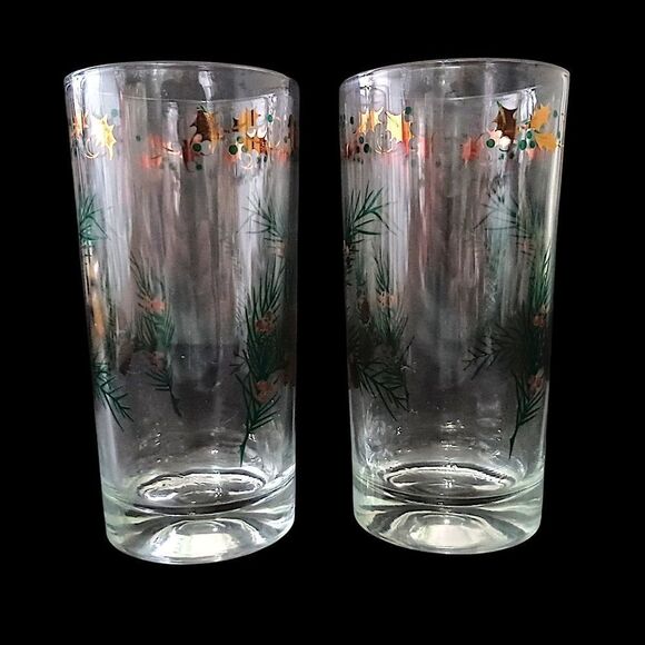 2 MCM Pine Branch Gold Holly Tumblers Continental Can Co Hazel Atlas Winter Vtg. - Picture 6 of 16